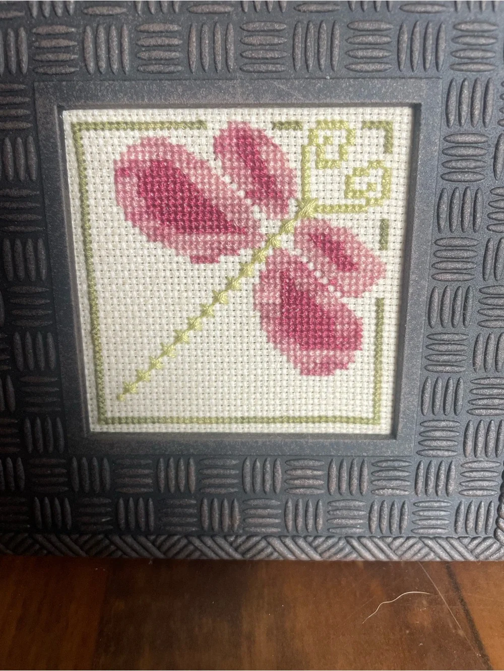 Small Framed Pink Dragonfly Cross-Stitch Accent in Metal Decorative Frame Home